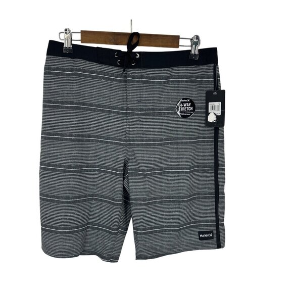 Hurley Mens 4-Way Stretch Striped Board Shorts Black & White Size 20/30 - Picture 1 of 12